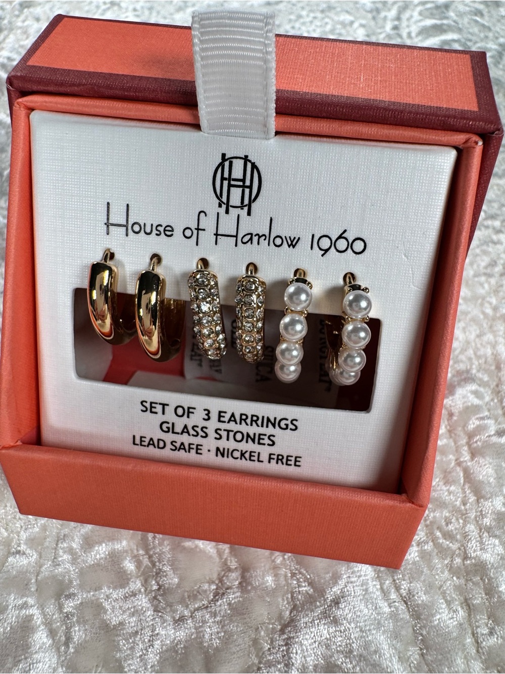 NWT House of Harlow 1960 Gold Hoop Earring Trio with Crystals & Pearls